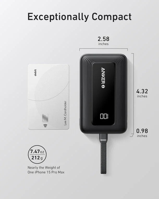 أنكر زولو باور بانك (10K، 30W، مع كيبل USB-C مدمج) - أسود