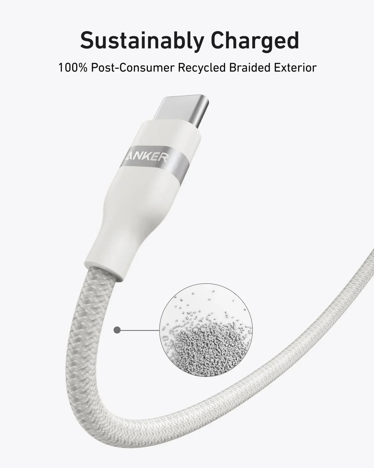 كابل أنكر USB-C إلى USB-C بقوة 240 واط (مضفر معاد تدويره) (1.8 متر/6 قدم) - أبيض