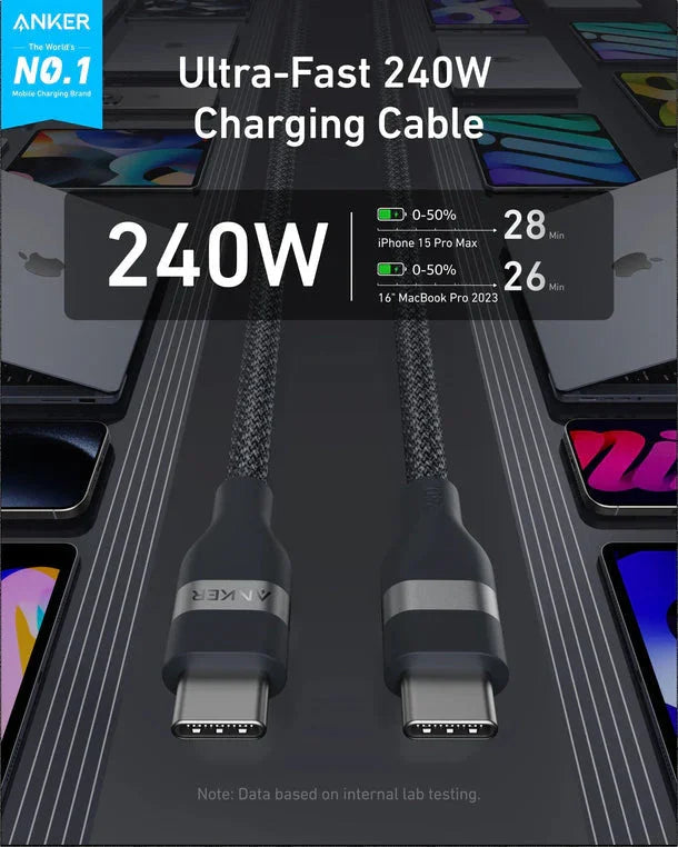 كابل أنكر USB-C إلى USB-C بقوة 240 واط (مضفر معاد تدويره) (1.8 متر/6 قدم) - أسود