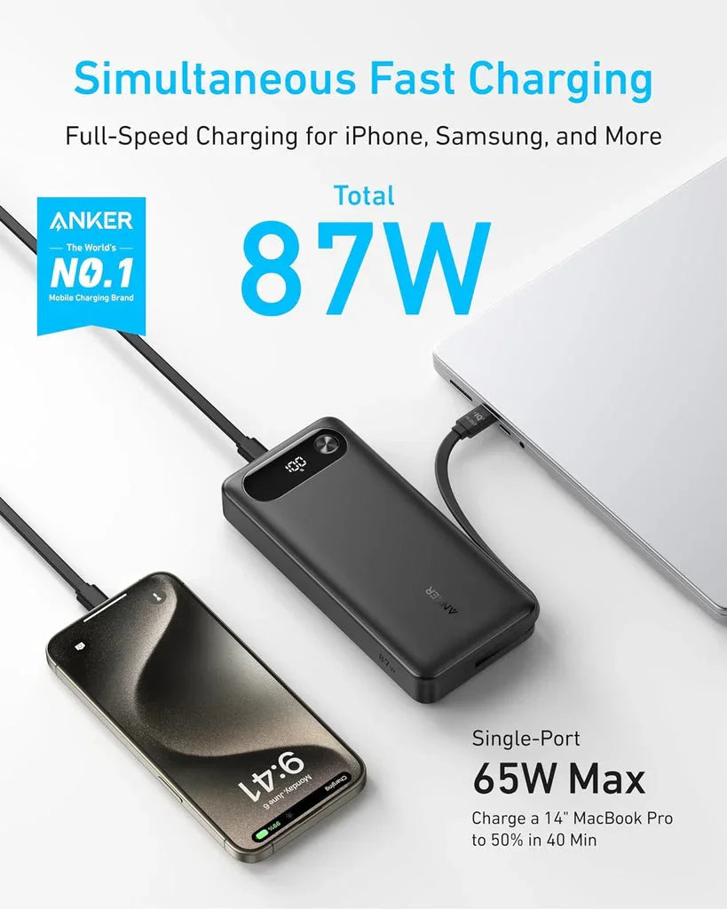 Anker PowerCore باور بانك (20K، 87 واط، كابل USB-C مدمج) - أسود