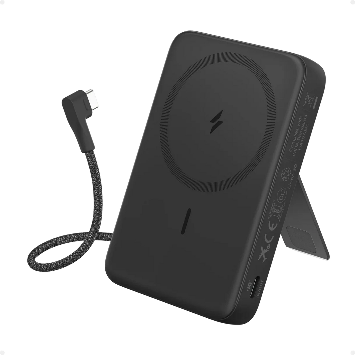 باور بانك أنكر زولو اللاسلكي (10 آلاف مللي أمبير، 30 واط، كابل USB-C مدمج) - أسود