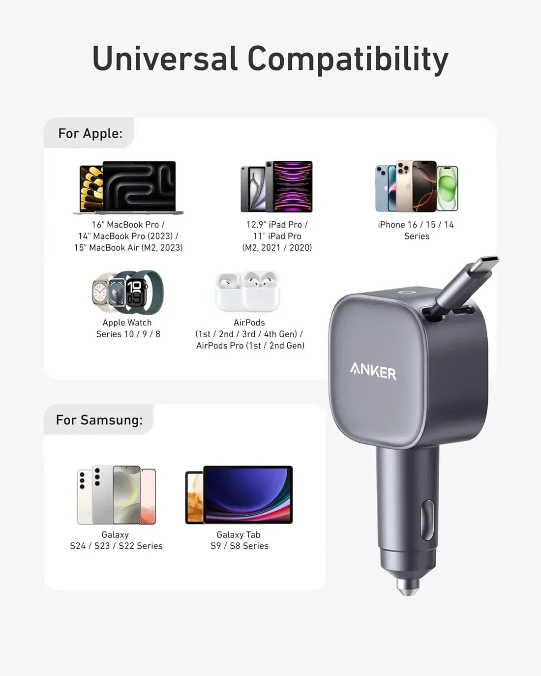 شاحن سيارة Anker USB-C (75 واط كحد أقصى مع كابل مدمج قابل للسحب) - فضي