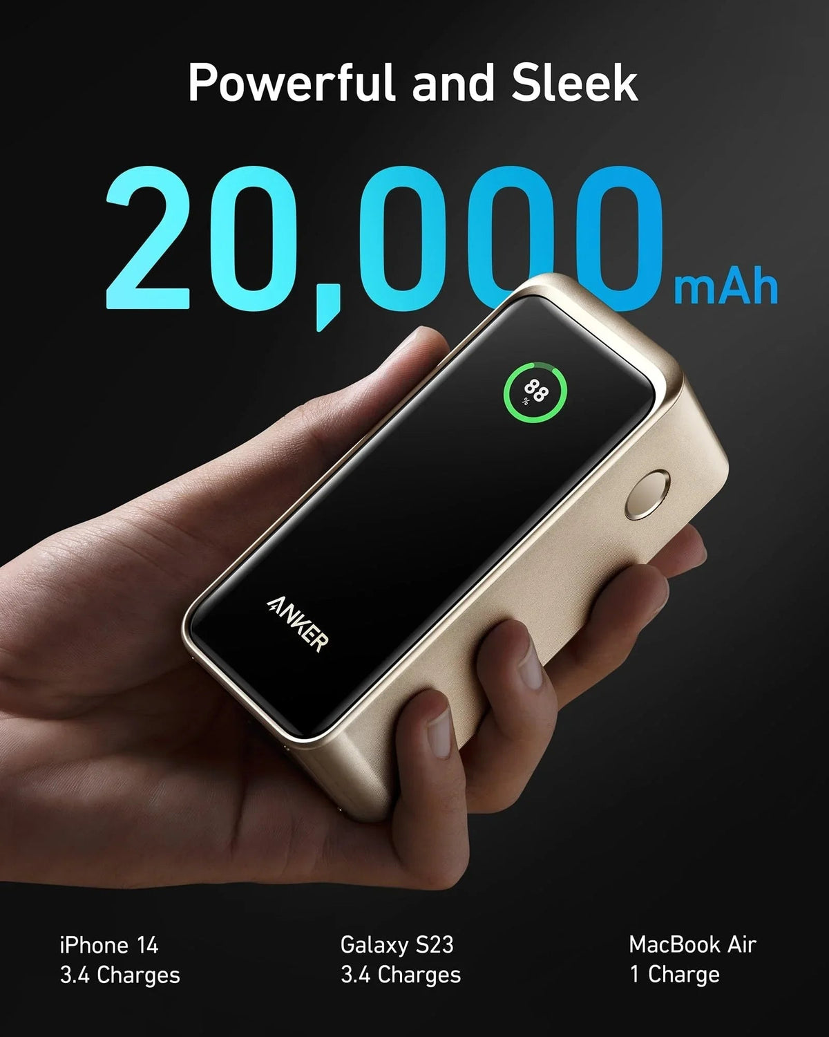 بنك طاقة أنكر برايم 3 منافذ، 20,000 مللي أمبير، 200 واط - ذهبي