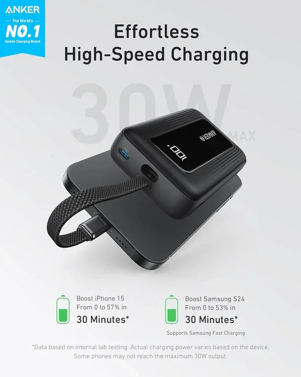 أنكر زولو باور بانك (10K، 30W، مع كيبل USB-C مدمج) - أسود