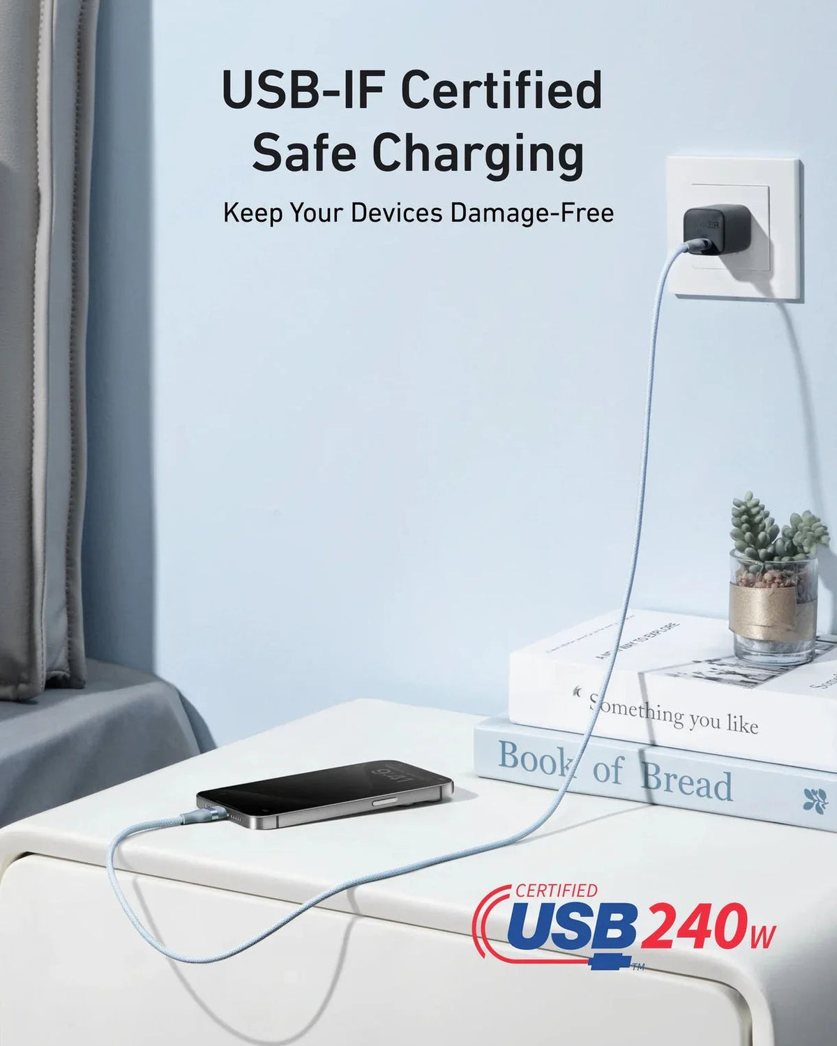كابل أنكر USB-C إلى USB-C بقوة 240 واط (مضفر معاد تدويره) (0.9 متر/3 قدم) - أزرق