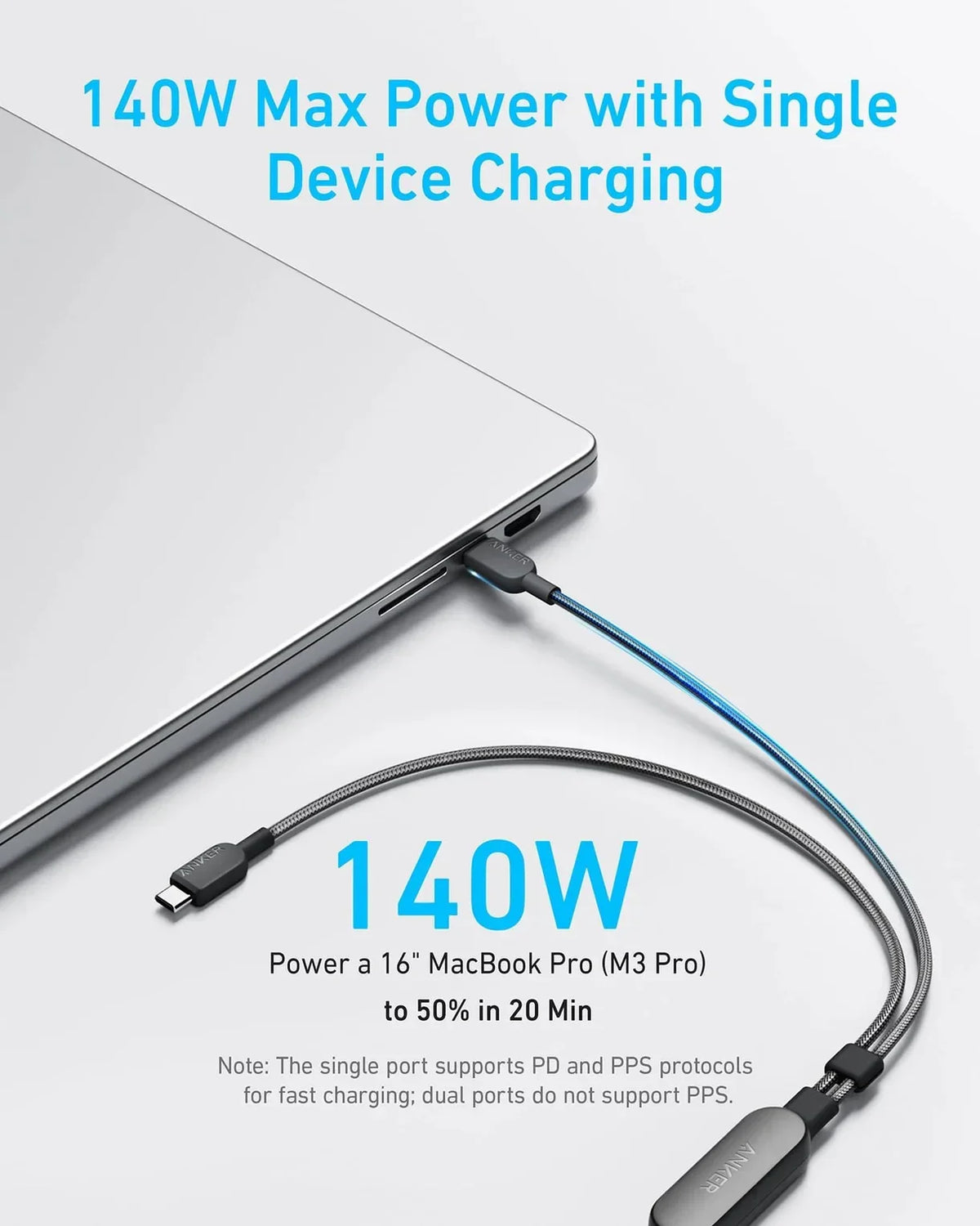 كابل Anker 2 في 1 USB-C إلى USB-C (4 قدم، 140 واط) - أسود