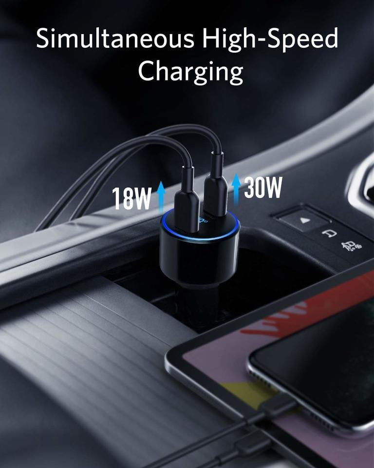 Anker PowerDrive+ III Duo - أسود 48 واط و PiQ 3