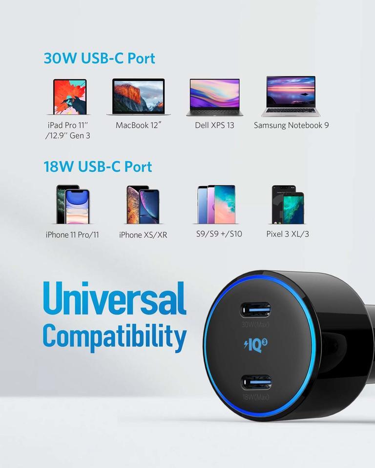 Anker PowerDrive+ III Duo - أسود 48 واط و PiQ 3