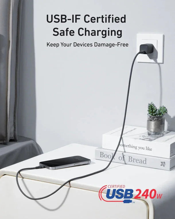 كيبل أنكر USB-C إلى USB-C بقوة 240 واط مجدول معاد التدوير 0.9 متر/3 قدم - أسود