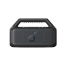 Black portable speaker with a brand logo on a white background