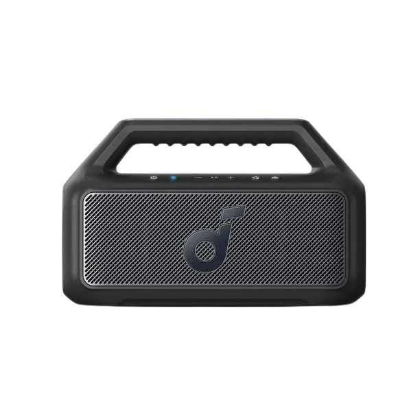 Black portable speaker with a brand logo on a white background