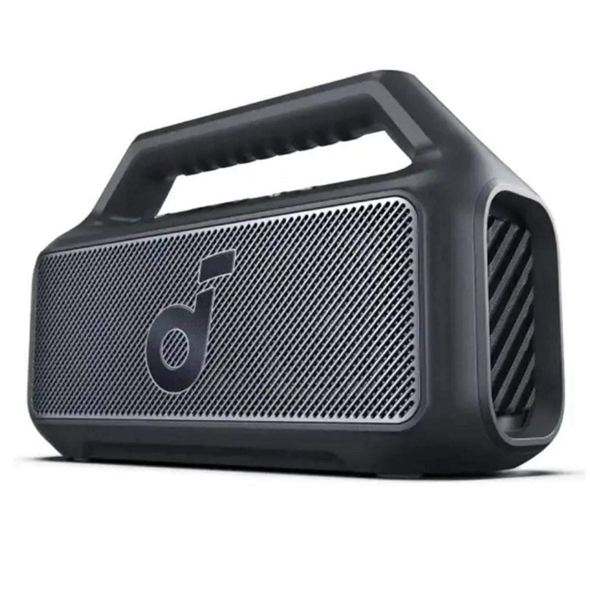 Black portable speaker with a brand logo on a white background