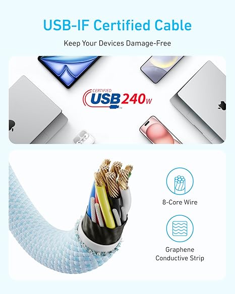 كابل أنكر زولو USB-C إلى USB-C بقوة 240 واط (1.8 متر/6 قدم) - أبيض