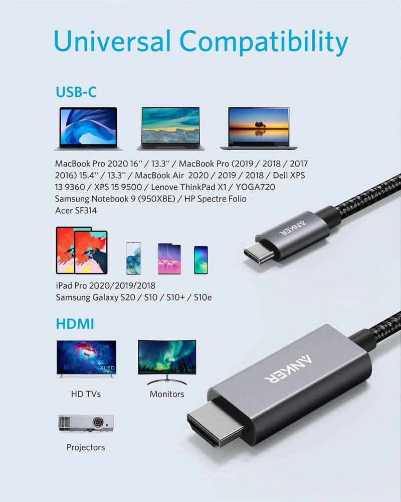 Anker 311 USB-C to HDMI 4K Nylon Cable (1.8m/6ft) -Black - Anker Kuwait