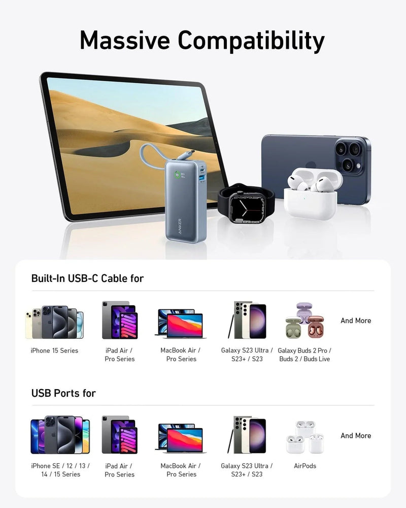 Anker Nano Power Bank (30W, Built-In USB-C Cable) 10000 -Blue - Anker Kuwait