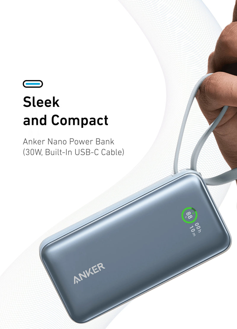 Anker Nano Power Bank (30W, Built-In USB-C Cable) 10000 -Blue - Anker Kuwait