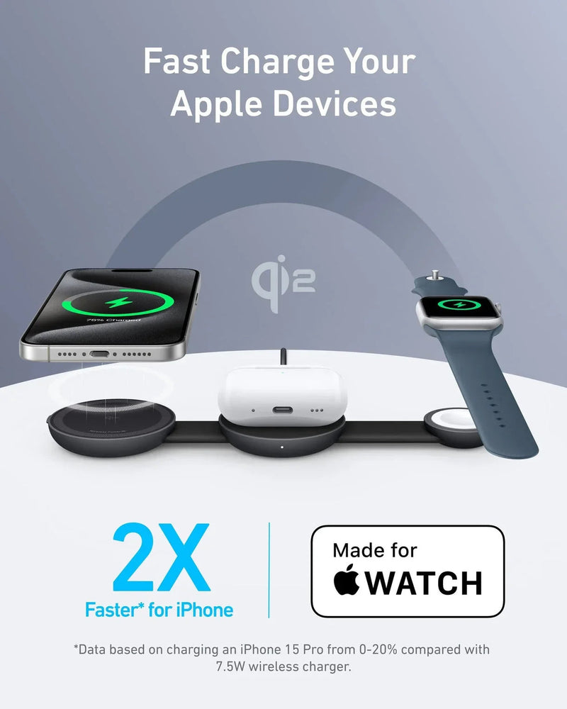 Anker MagGo Wireless Charging Station (3-in-1, Foldable Pad) with Adapter and Cable -Black