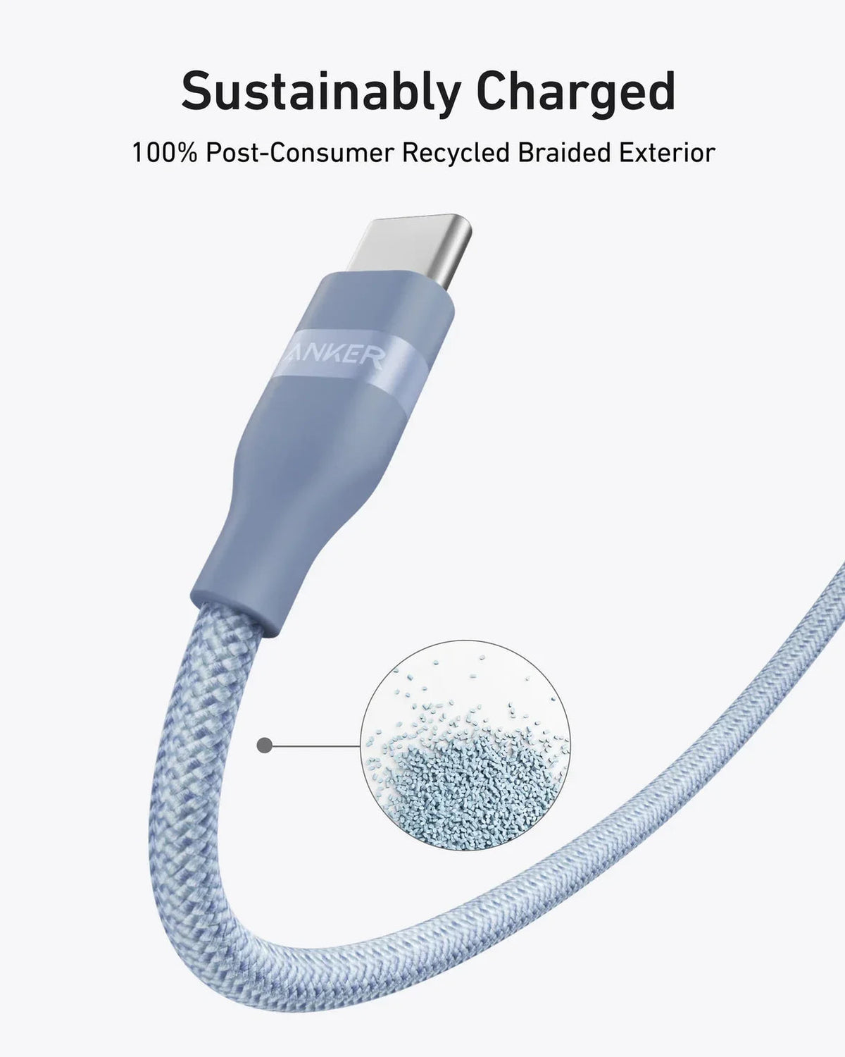 كابل أنكر USB-C إلى USB-C بقوة 240 واط (مضفر معاد تدويره) (0.9 متر/3 قدم) - أزرق
