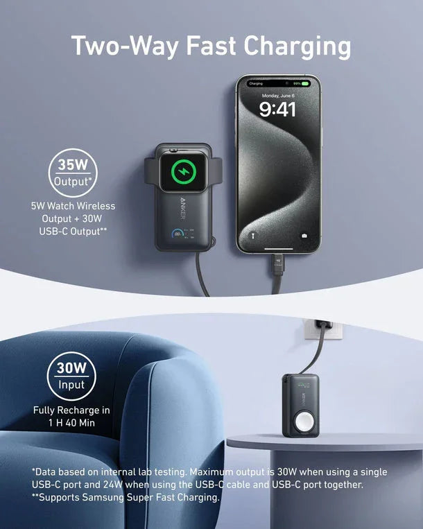 باور بانك أنكر ماج جو (10 آلاف مللي أمبير، 35 واط، لساعة أبل، مع منفذ USB-C مدمج) - أسود