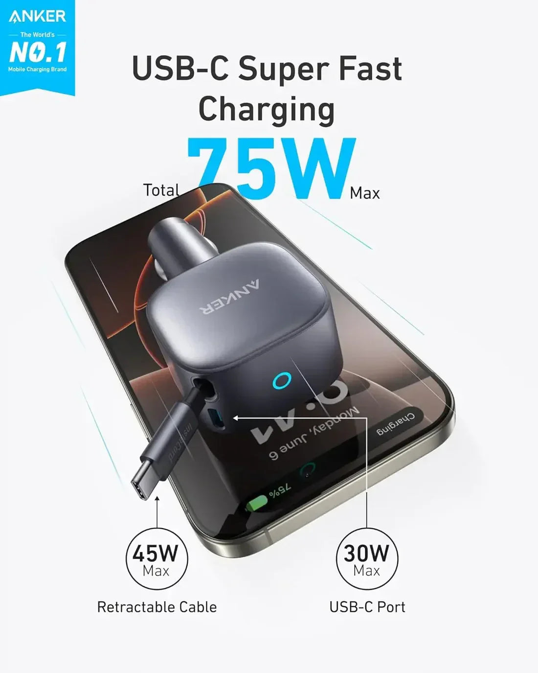 شاحن سيارة Anker USB-C (75 واط كحد أقصى مع كابل مدمج قابل للسحب) - فضي