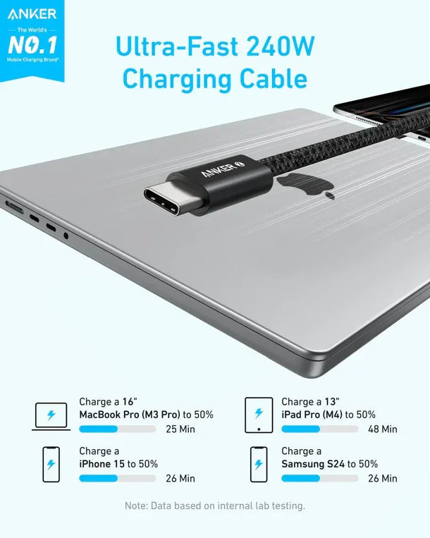 كيبل أنكر زولو USB-C إلى USB-C بقوة 240 واط (0.9 متر/3 قدم) - أسود