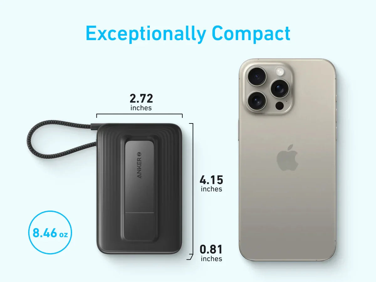 باور بانك أنكر زولو اللاسلكي (10 آلاف مللي أمبير، 30 واط، كابل USB-C مدمج) - أسود