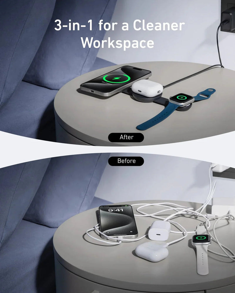 Anker MagGo Wireless Charging Station (3-in-1, Foldable Pad) with Adapter and Cable -Black