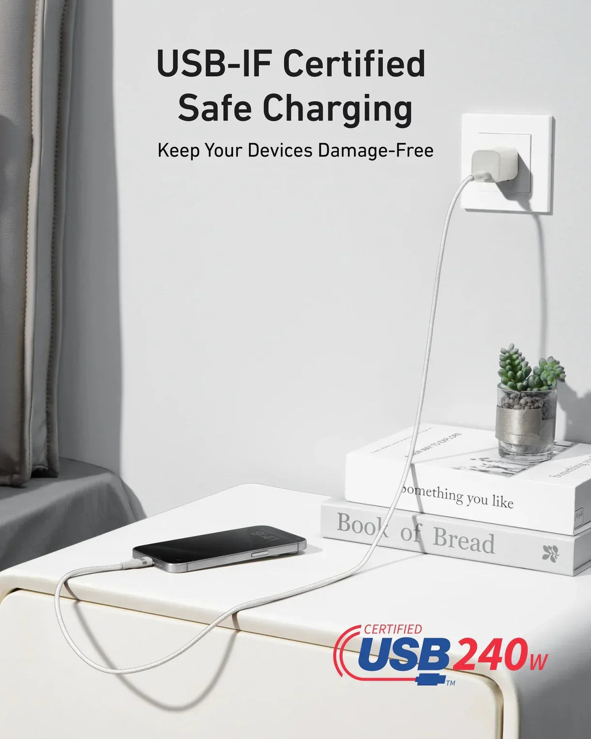كابل Anker USB-C إلى USB-C بقوة 240 واط (مضفر معاد التدوير) (0.9 متر/3 قدم) - أبيض