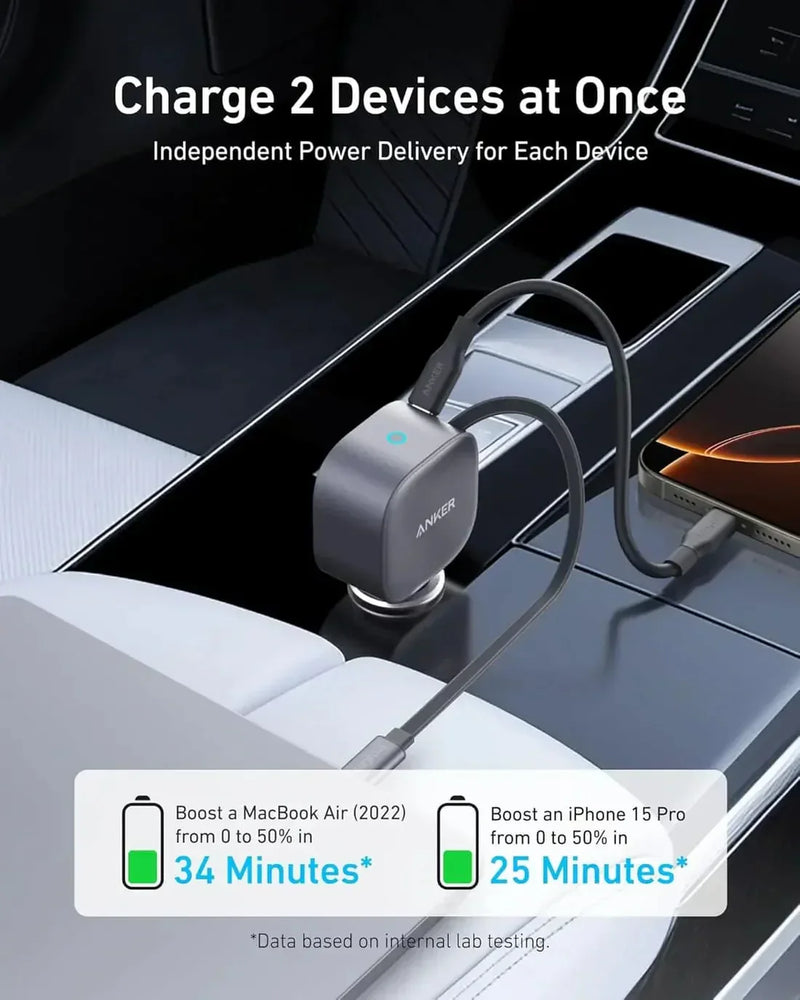 Anker USB-C Car Charger(75W Max with Built-In Retractable Cable) -Silver