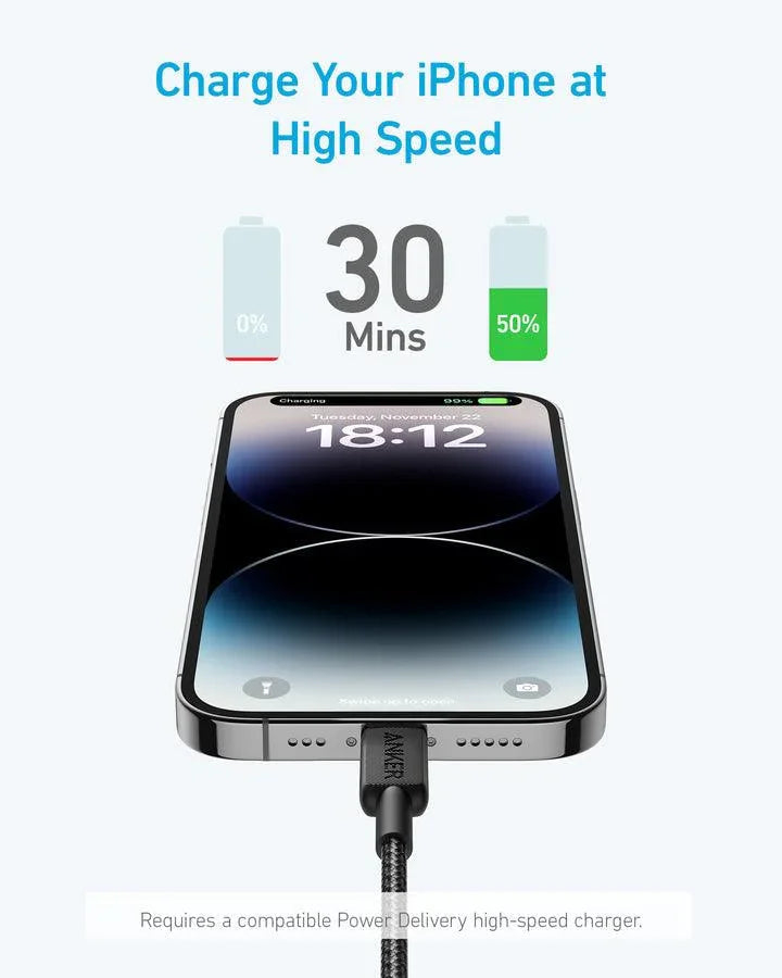 Anker 322 USB-C to Lightning Cable Braided (1.8m/6ft) -Black - Anker Kuwait