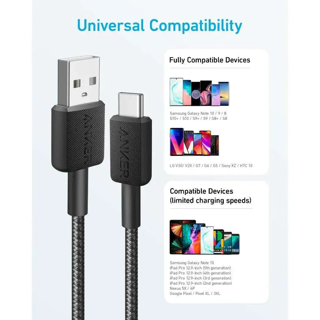 Anker 322 كابل USB-A إلى USB-C مضفّر (0.9 متر/3 قدم) - أبيض