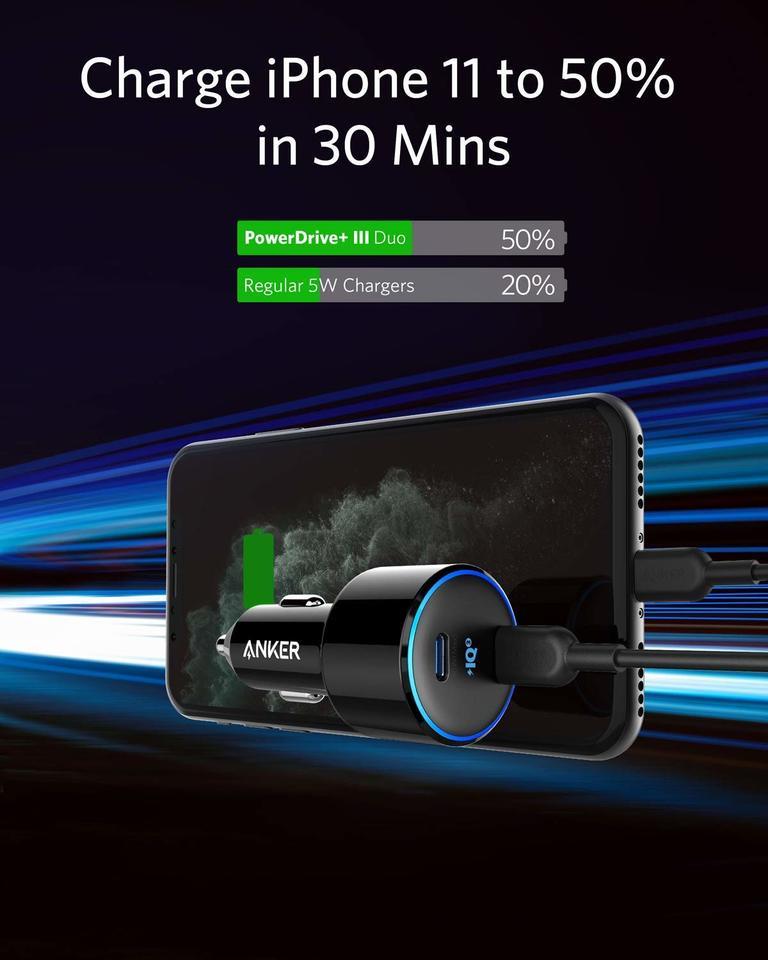 Anker PowerDrive+ III Duo - أسود 48 واط و PiQ 3